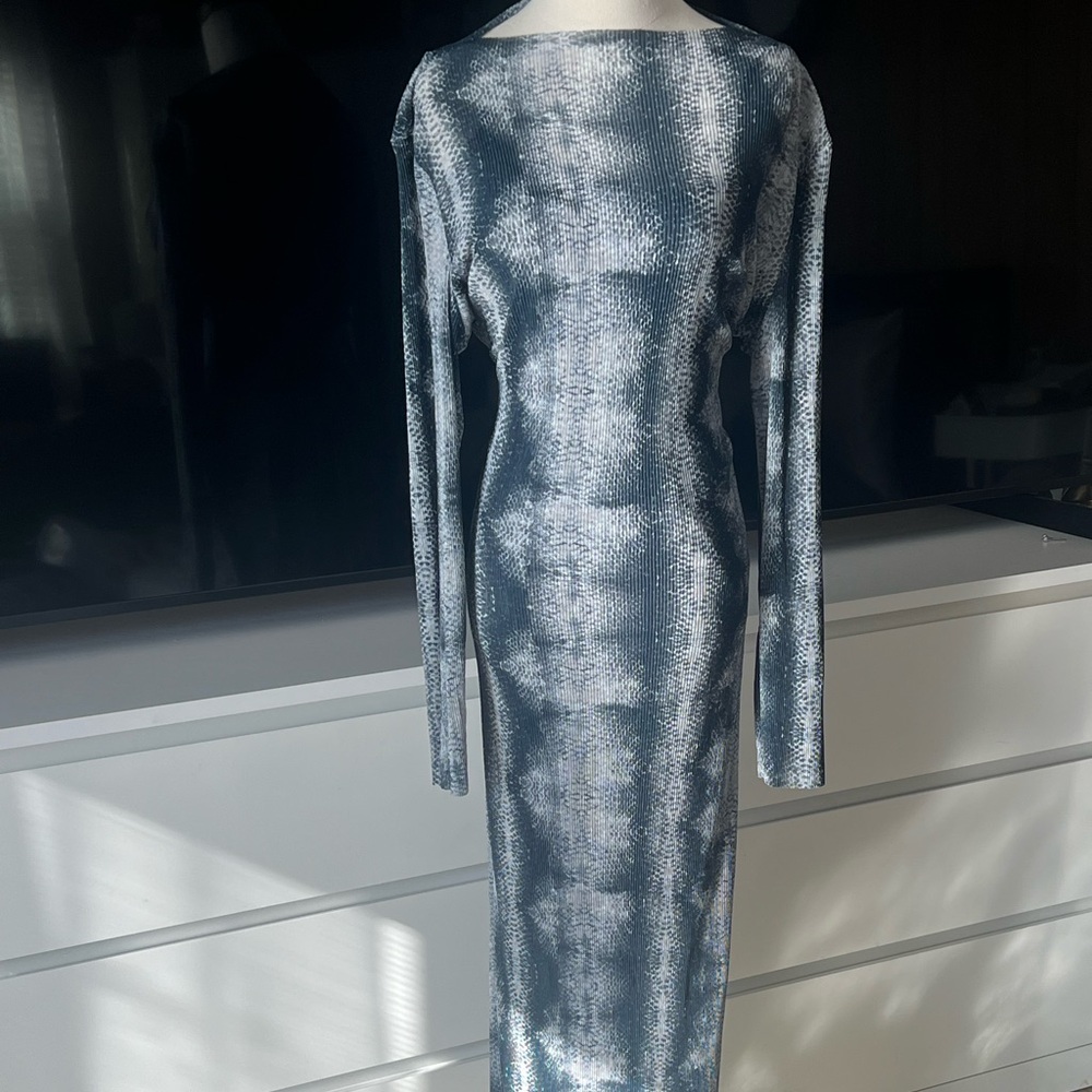 Blue and White Long Sleeve Mesh Dress